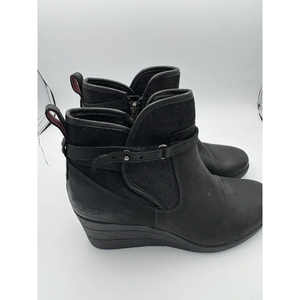 UGG Boots Womens Size 7 38 Black Leather Waterproof Wedge Ankle Booties